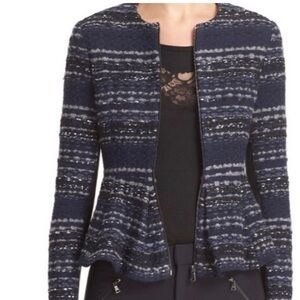 Rebecca Taylor Metallic Tweed Jacket Size 2 Stripes Peplum Blue Black Zip Up